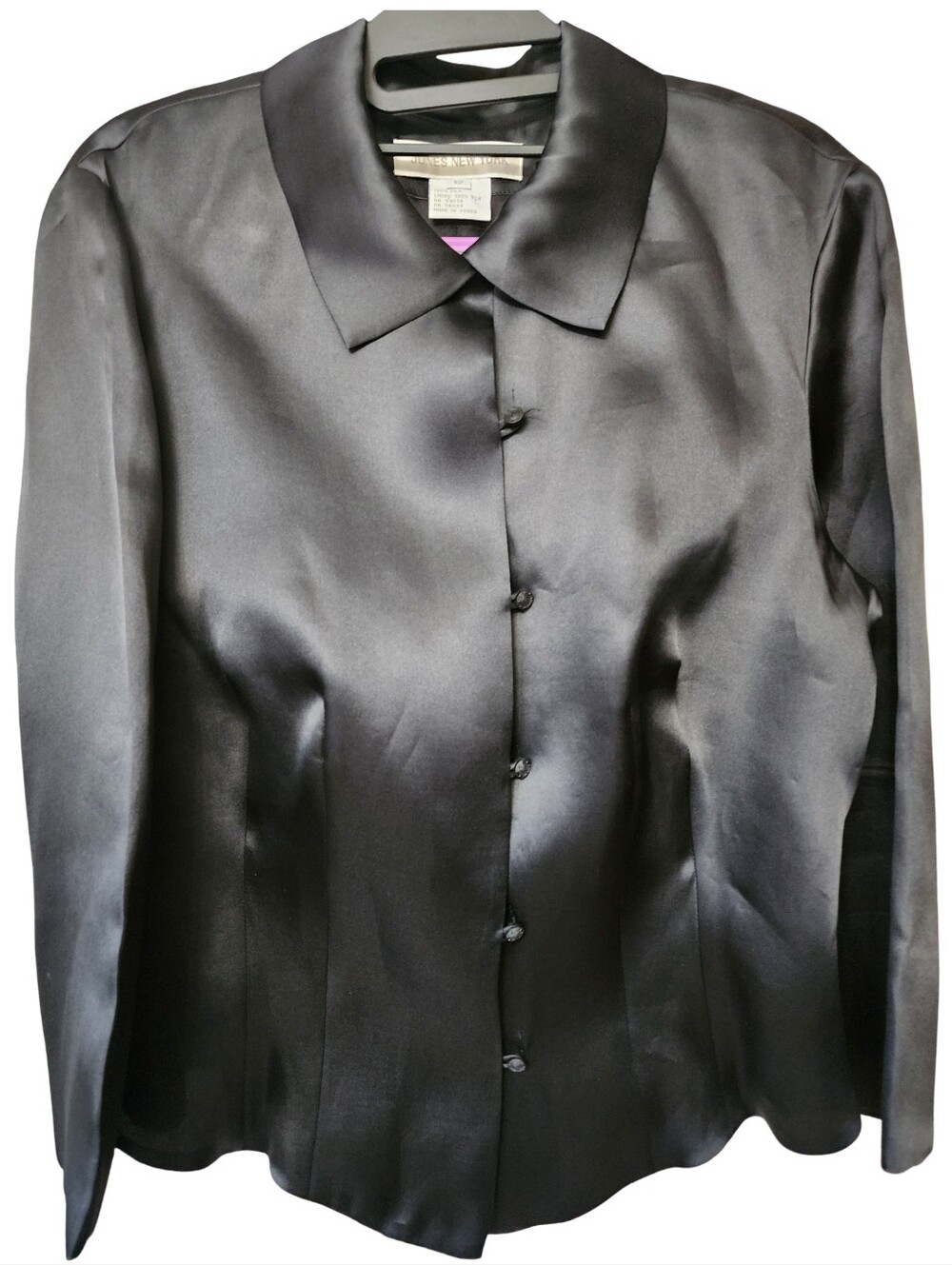 JONES NEW YORK VINTAGE 100% SILK Blouse Black Covered Loop Buttons Sz 12 90s